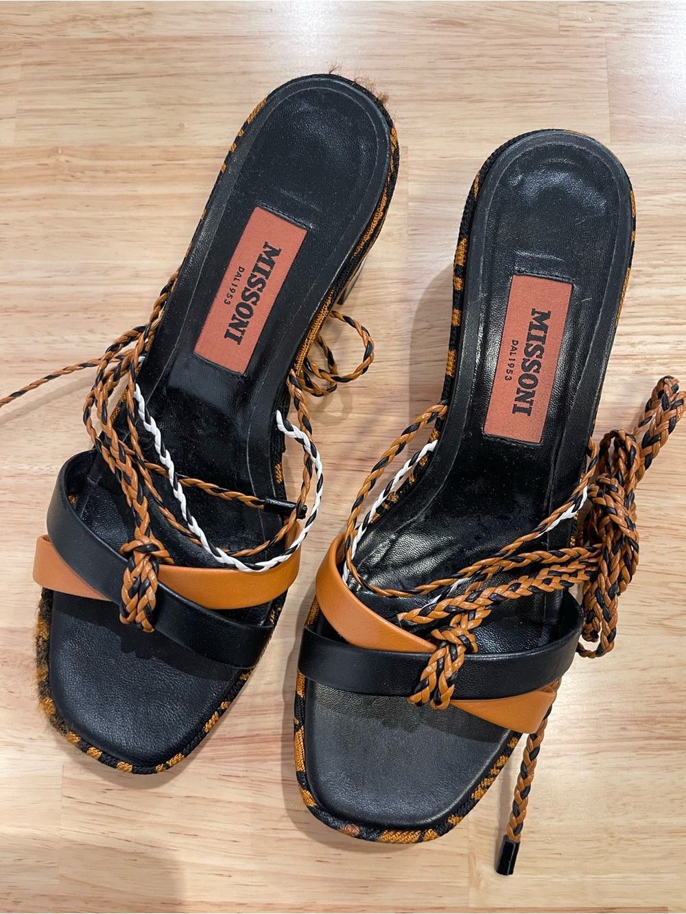 Missoni Black and Tan Braided Leather Lace-Up Slide Heels